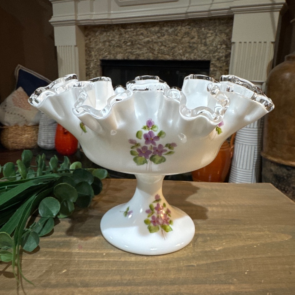 Vintage Fenton Silver Crest Violets in the Snow Compote Bowl Ruffled White